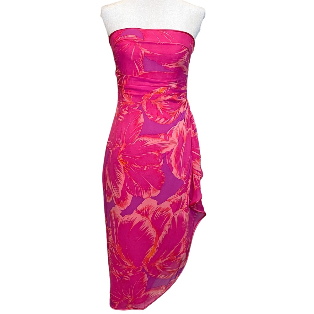 Vintage Silk Barbie Strapless Floral Hot Pink Y2K Formal Dress Size 2